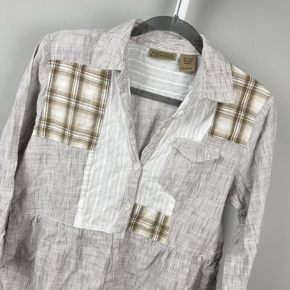 Art and Soul Boho Patchwork Shirt Top Womens L White Brown Cotton Button Up